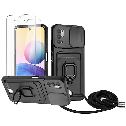 Zallagre Handykette Hülle kompatibel mit Redmi Note 10 5G/Xiaomi Poco M3 Pro 5G.[2 Stück] Schutzfolie Glas,Kameraschutz,360 Grad Ringhalter Stand,Kartenfach,Silikon hülle-Schwarz von Zallagre