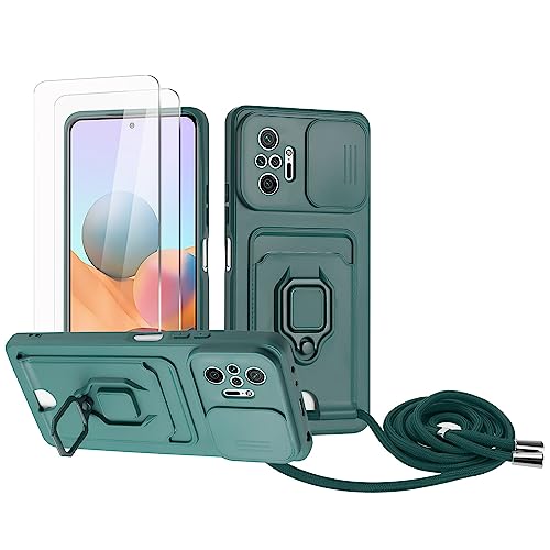 Zallagre Handykette Hülle kompatibel mit Redmi Note 10 Pro.[2 Stück] Schutzfolie Glas,Kameraschutz,360 Grad Ringhalter Stand,Kartenfach,Silikon hülle-Dunkelgrün von Zallagre
