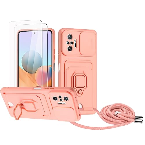Zallagre Handykette Hülle kompatibel mit Redmi Note 10 Pro.[2 Stück] Schutzfolie Glas,Kameraschutz,360 Grad Ringhalter Stand,Kartenfach,Silikon hülle-Rosa von Zallagre