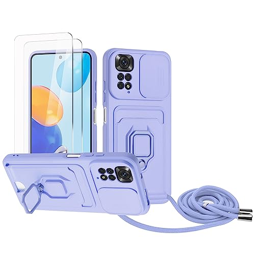 Zallagre Handykette Hülle kompatibel mit Redmi Note 11 4G/Note 11S(6.43").[2 Stück] Schutzfolie Glas,Kameraschutz,360 Grad Ringhalter Stand,Kartenfach,Silikon hülle-Lila von Zallagre