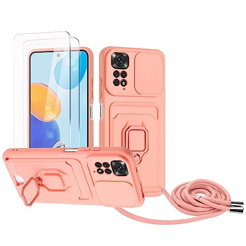 Zallagre Handykette Hülle kompatibel mit Redmi Note 11 4G/Note 11S(6.43").[2 Stück] Schutzfolie Glas,Kameraschutz,360 Grad Ringhalter Stand,Kartenfach,Silikon hülle-Rosa von Zallagre