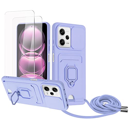 Zallagre Handykette Hülle kompatibel mit Redmi Note 12 5G/Xiaomi Poco X5.[2 Stück] Schutzfolie Glas,Kameraschutz,360 Grad Ringhalter Stand,Kartenfach,Silikon hülle-Lila von Zallagre