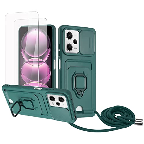 Zallagre Handykette Hülle kompatibel mit Redmi Note 12 Pro/Xiaomi Poco X5 Pro.[2 Stück] Schutzfolie Glas,Kameraschutz,360 Grad Ringhalter Stand,Kartenfach,Silikon hülle-Dunkelgrün von Zallagre