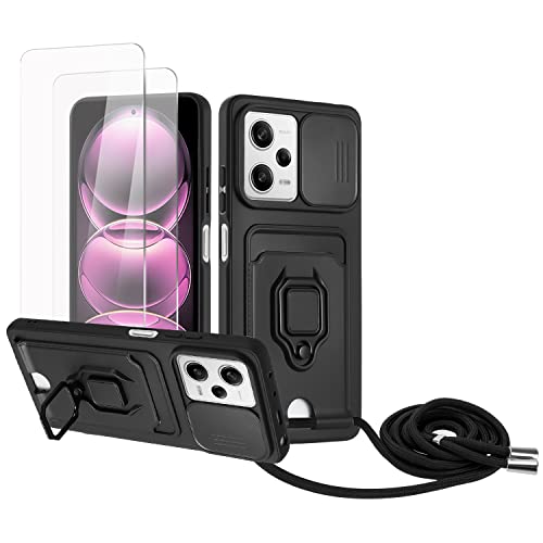 Zallagre Handykette Hülle kompatibel mit Redmi Note 12 Pro/Xiaomi Poco X5 Pro.[2 Stück] Schutzfolie Glas,Kameraschutz,360 Grad Ringhalter Stand,Kartenfach,Silikon hülle-Schwarz von Zallagre