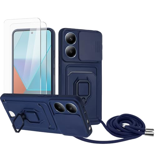 Zallagre Handykette Hülle kompatibel mit Redmi Note 13 4G.[2 Stück] Schutzfolie Glas,Kameraschutz,360 Grad Ringhalter Stand,Kartenfach,Silikon hülle-Marineblau von Zallagre