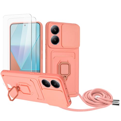 Zallagre Handykette Hülle kompatibel mit Redmi Note 13 4G.[2 Stück] Schutzfolie Glas,Kameraschutz,360 Grad Ringhalter Stand,Kartenfach,Silikon hülle-Rosa von Zallagre