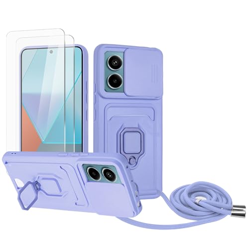 Zallagre Handykette Hülle kompatibel mit Redmi Note 13 Pro 5G.[2 Stück] Schutzfolie Glas,Kameraschutz,360 Grad Ringhalter Stand,Kartenfach,Silikon hülle-Lila von Zallagre