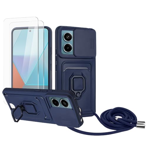 Zallagre Handykette Hülle kompatibel mit Redmi Note 13 Pro 5G.[2 Stück] Schutzfolie Glas,Kameraschutz,360 Grad Ringhalter Stand,Kartenfach,Silikon hülle-Marineblau von Zallagre