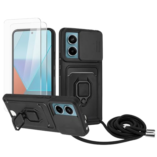 Zallagre Handykette Hülle kompatibel mit Redmi Note 13 Pro 5G.[2 Stück] Schutzfolie Glas,Kameraschutz,360 Grad Ringhalter Stand,Kartenfach,Silikon hülle-Schwarz von Zallagre