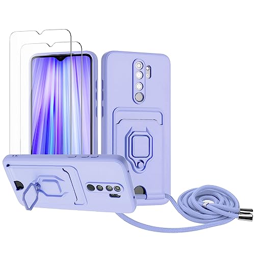 Zallagre Handykette Hülle kompatibel mit Redmi Note 8 Pro.[2 Stück] Schutzfolie Glas,Kameraschutz,360 Grad Ringhalter Stand,Kartenfach,Silikon hülle-Lila von Zallagre