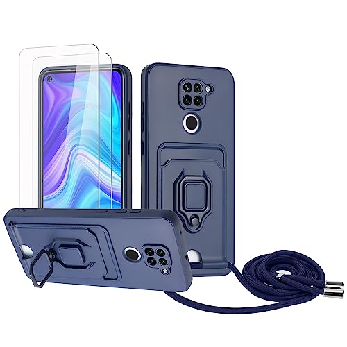 Zallagre Handykette Hülle kompatibel mit Redmi Note 9.[2 Stück] Schutzfolie Glas,Kameraschutz,360 Grad Ringhalter Stand,Kartenfach,Silikon hülle-Marineblau von Zallagre