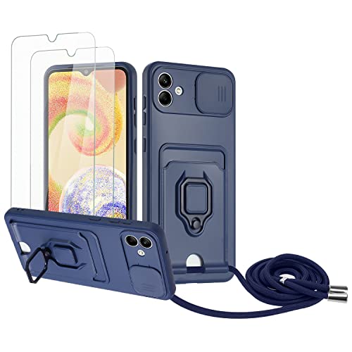 Zallagre Handykette Hülle kompatibel mit Samsung Galaxy A04/A04E.[2 Stück] Schutzfolie Glas,Kameraschutz,360 Grad Ringhalter Stand,Kartenfach,Silikon hülle-Marineblau von Zallagre