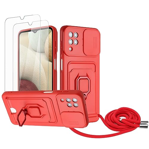 Zallagre Handykette Hülle kompatibel mit Samsung Galaxy A12/M12.[2 Stück] Schutzfolie Glas,Kameraschutz,360 Grad Ringhalter Stand,Kartenfach,Silikon hülle-Rot von Zallagre