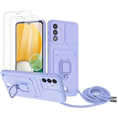 Zallagre Handykette Hülle kompatibel mit Samsung Galaxy A15.[2 Stück] Schutzfolie Glas,Kameraschutz,360 Grad Ringhalter Stand,Kartenfach,Silikon hülle-Lila von Zallagre
