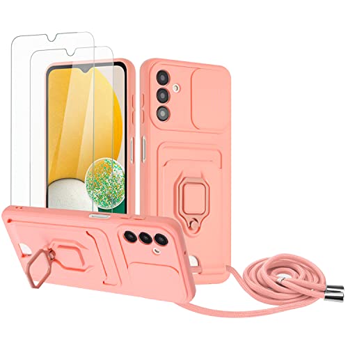Zallagre Handykette Hülle kompatibel mit Samsung Galaxy A15.[2 Stück] Schutzfolie Glas,Kameraschutz,360 Grad Ringhalter Stand,Kartenfach,Silikon hülle-Rosa von Zallagre