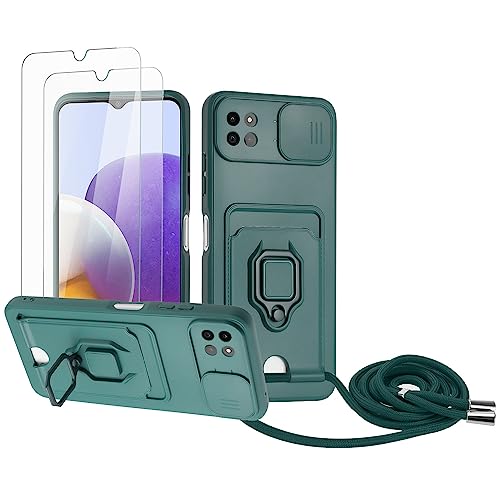 Zallagre Handykette Hülle kompatibel mit Samsung Galaxy A22 5G.[2 Stück] Schutzfolie Glas,Kameraschutz,360 Grad Ringhalter Stand,Kartenfach,Silikon hülle-Dunkelgrün von Zallagre
