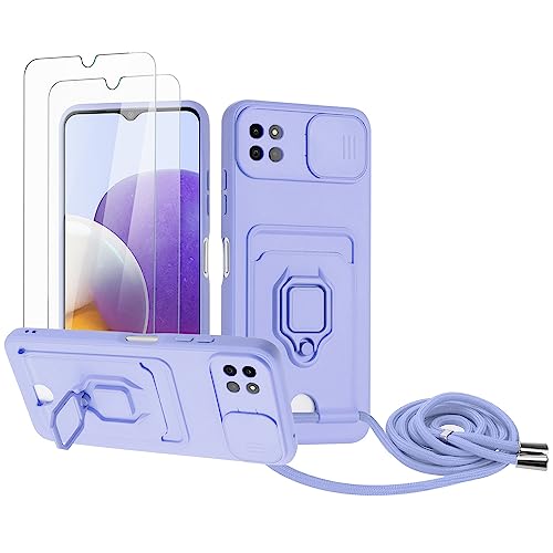 Zallagre Handykette Hülle kompatibel mit Samsung Galaxy A22 5G.[2 Stück] Schutzfolie Glas,Kameraschutz,360 Grad Ringhalter Stand,Kartenfach,Silikon hülle-Lila von Zallagre
