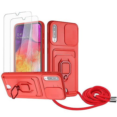 Zallagre Handykette Hülle kompatibel mit Samsung Galaxy A30S/A50/A50S.[2 Stück] Schutzfolie Glas,Kameraschutz,360 Grad Ringhalter Stand,Kartenfach,Silikon hülle-Rot von Zallagre
