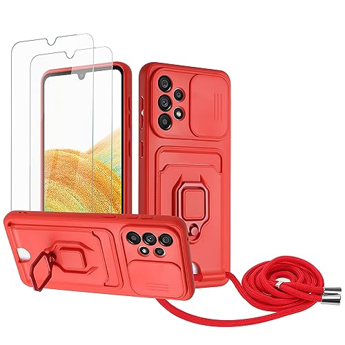 Zallagre Handykette Hülle kompatibel mit Samsung Galaxy A32 5G.[2 Stück] Schutzfolie Glas,Kameraschutz,360 Grad Ringhalter Stand,Kartenfach,Silikon hülle-Rot von Zallagre