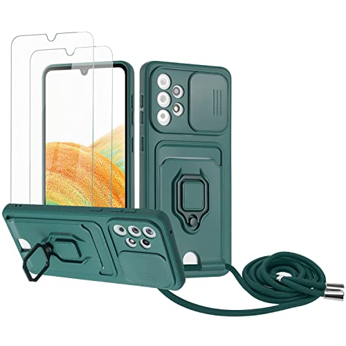 Zallagre Handykette Hülle kompatibel mit Samsung Galaxy A33 5G.[2 Stück] Schutzfolie Glas,Kameraschutz,360 Grad Ringhalter Stand,Kartenfach,Silikon hülle-Dunkelgrün von Zallagre