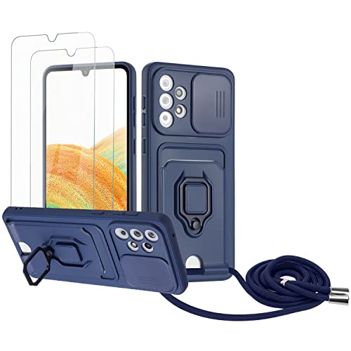 Zallagre Handykette Hülle kompatibel mit Samsung Galaxy A33 5G.[2 Stück] Schutzfolie Glas,Kameraschutz,360 Grad Ringhalter Stand,Kartenfach,Silikon hülle-Marineblau von Zallagre