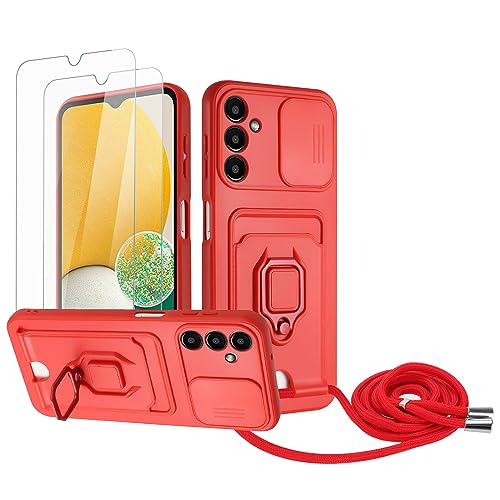 Zallagre Handykette Hülle kompatibel mit Samsung Galaxy A34 5G.[2 Stück] Schutzfolie Glas,Kameraschutz,360 Grad Ringhalter Stand,Kartenfach,Silikon hülle-Rot von Zallagre