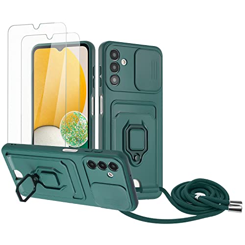 Zallagre Handykette Hülle kompatibel mit Samsung Galaxy A35.[2 Stück] Schutzfolie Glas,Kameraschutz,360 Grad Ringhalter Stand,Kartenfach,Silikon hülle-Dunkelgrün von Zallagre