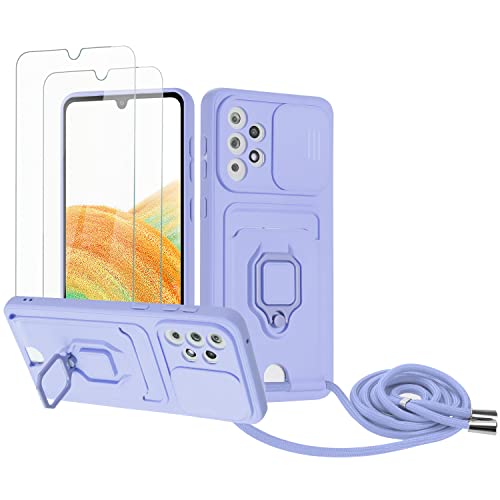 Zallagre Handykette Hülle kompatibel mit Samsung Galaxy A53 5G.[2 Stück] Schutzfolie Glas,Kameraschutz,360 Grad Ringhalter Stand,Kartenfach,Silikon hülle-Lila von Zallagre