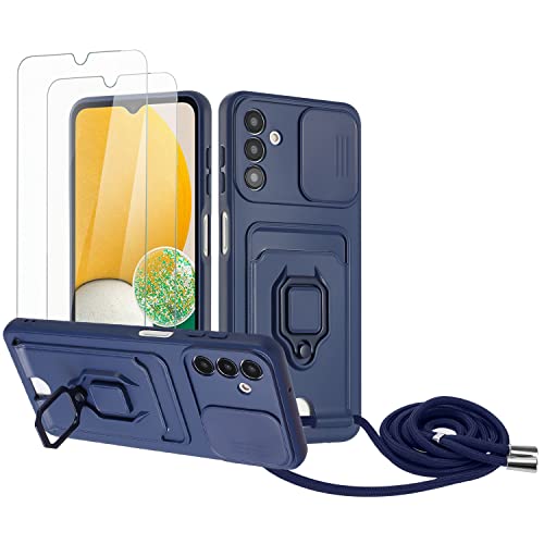 Zallagre Handykette Hülle kompatibel mit Samsung Galaxy A54 5G.[2 Stück] Schutzfolie Glas,Kameraschutz,360 Grad Ringhalter Stand,Kartenfach,Silikon hülle-Marineblau von Zallagre