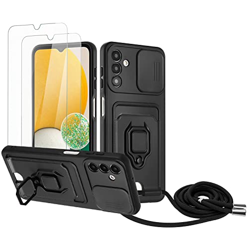 Zallagre Handykette Hülle kompatibel mit Samsung Galaxy A54 5G.[2 Stück] Schutzfolie Glas,Kameraschutz,360 Grad Ringhalter Stand,Kartenfach,Silikon hülle-Schwarz von Zallagre