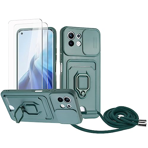 Zallagre Handykette Hülle kompatibel mit Xiaomi Mi 11 Lite 4G/5G/Mi 11 Lite 5G NE.[2 Stück] Schutzfolie Glas,Kameraschutz,360 Grad Ringhalter Stand,Kartenfach,Silikon hülle-Dunkelgrün von Zallagre