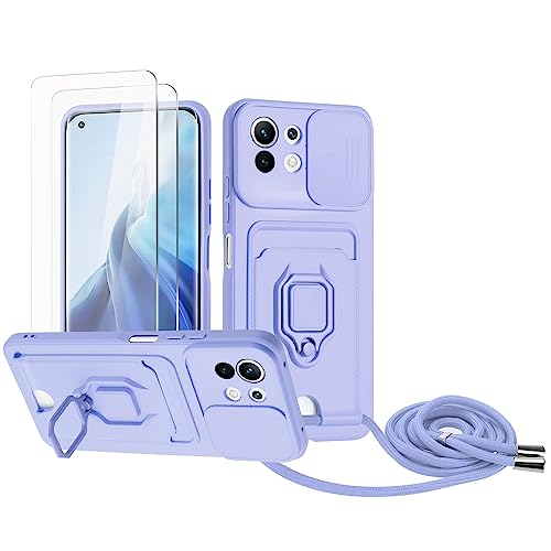Zallagre Handykette Hülle kompatibel mit Xiaomi Mi 11 Lite 4G/5G/Mi 11 Lite 5G NE.[2 Stück] Schutzfolie Glas,Kameraschutz,360 Grad Ringhalter Stand,Kartenfach,Silikon hülle-Lila von Zallagre