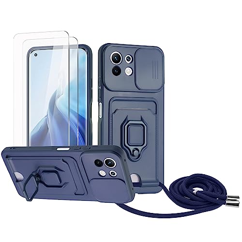 Zallagre Handykette Hülle kompatibel mit Xiaomi Mi 11 Lite 4G/5G/Mi 11 Lite 5G NE.[2 Stück] Schutzfolie Glas,Kameraschutz,360 Grad Ringhalter Stand,Kartenfach,Silikon hülle-Marineblau von Zallagre