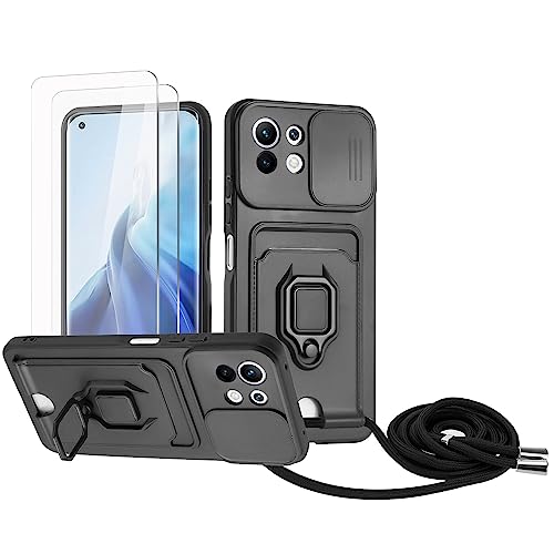 Zallagre Handykette Hülle kompatibel mit Xiaomi Mi 11 Lite 4G/5G/Mi 11 Lite 5G NE.[2 Stück] Schutzfolie Glas,Kameraschutz,360 Grad Ringhalter Stand,Kartenfach,Silikon hülle-Schwarz von Zallagre