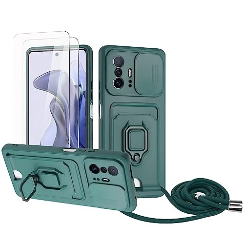 Zallagre Handykette Hülle kompatibel mit Xiaomi Mi 11T/11T Pro.[2 Stück] Schutzfolie Glas,Kameraschutz,360 Grad Ringhalter Stand,Kartenfach,Silikon hülle-Dunkelgrün von Zallagre