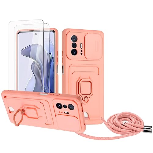 Zallagre Handykette Hülle kompatibel mit Xiaomi Mi 11T/11T Pro.[2 Stück] Schutzfolie Glas,Kameraschutz,360 Grad Ringhalter Stand,Kartenfach,Silikon hülle-Rosa von Zallagre