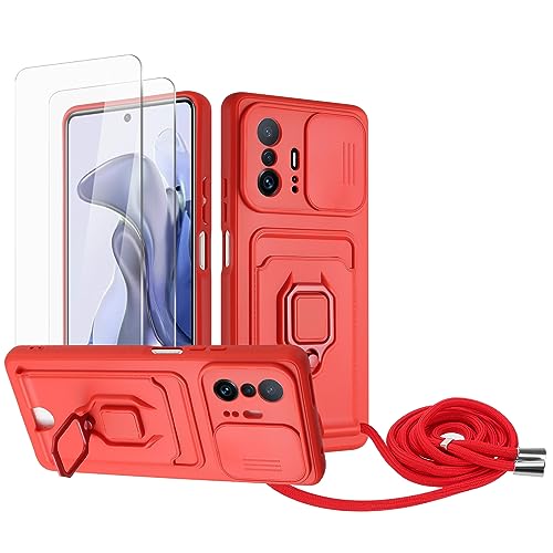 Zallagre Handykette Hülle kompatibel mit Xiaomi Mi 11T/11T Pro.[2 Stück] Schutzfolie Glas,Kameraschutz,360 Grad Ringhalter Stand,Kartenfach,Silikon hülle-Rot von Zallagre