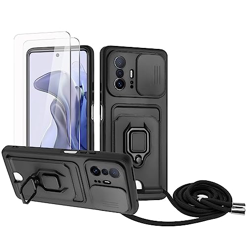 Zallagre Handykette Hülle kompatibel mit Xiaomi Mi 11T/11T Pro.[2 Stück] Schutzfolie Glas,Kameraschutz,360 Grad Ringhalter Stand,Kartenfach,Silikon hülle-Schwarz von Zallagre
