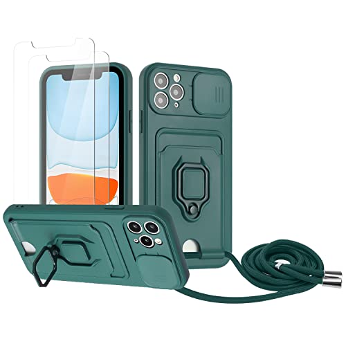 Zallagre Handykette Hülle kompatibel mit iPhone 11 Pro Max.[2 Stück] Schutzfolie Glas,Kameraschutz,360 Grad Ringhalter Stand,Kartenfach,Silikon hülle-Dunkelgrün von Zallagre