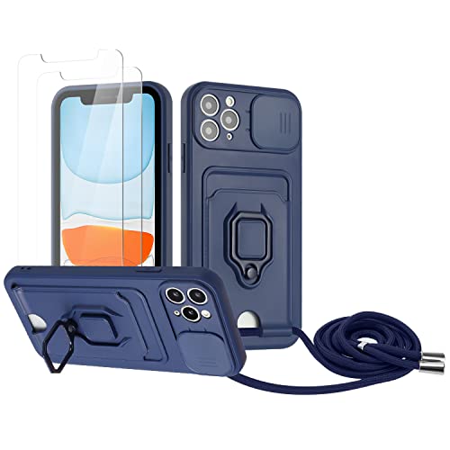 Zallagre Handykette Hülle kompatibel mit iPhone 11 Pro Max.[2 Stück] Schutzfolie Glas,Kameraschutz,360 Grad Ringhalter Stand,Kartenfach,Silikon hülle-Marineblau von Zallagre