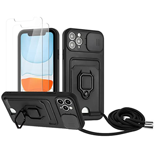 Zallagre Handykette Hülle kompatibel mit iPhone 11 Pro Max.[2 Stück] Schutzfolie Glas,Kameraschutz,360 Grad Ringhalter Stand,Kartenfach,Silikon hülle-Schwarz von Zallagre