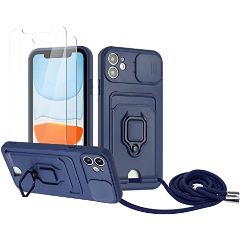 Zallagre Handykette Hülle kompatibel mit iPhone 11.[2 Stück] Schutzfolie Glas,Kameraschutz,360 Grad Ringhalter Stand,Kartenfach,Silikon hülle-Marineblau von Zallagre