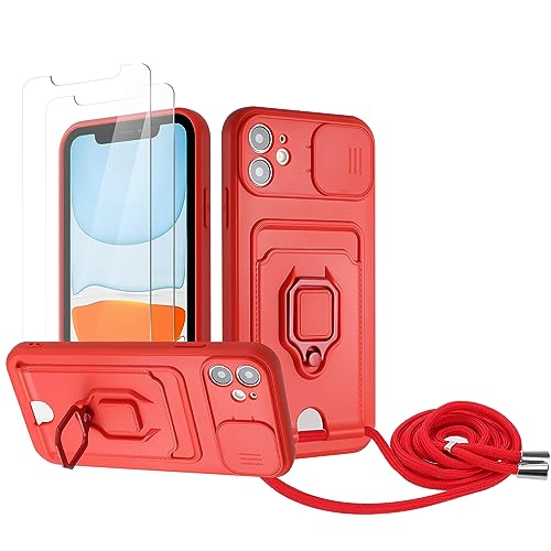 Zallagre Handykette Hülle kompatibel mit iPhone 11.[2 Stück] Schutzfolie Glas,Kameraschutz,360 Grad Ringhalter Stand,Kartenfach,Silikon hülle-Rot von Zallagre