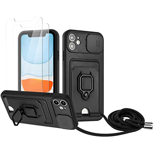 Zallagre Handykette Hülle kompatibel mit iPhone 11.[2 Stück] Schutzfolie Glas,Kameraschutz,360 Grad Ringhalter Stand,Kartenfach,Silikon hülle-Schwarz von Zallagre