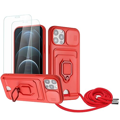 Zallagre Handykette Hülle kompatibel mit iPhone 12/iPhone 12 Pro.[2 Stück] Schutzfolie Glas,Kameraschutz,360 Grad Ringhalter Stand,Kartenfach,Silikon hülle-Rot von Zallagre