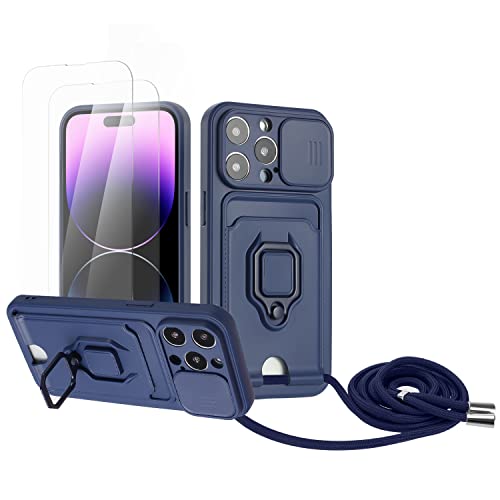Zallagre Handykette Hülle kompatibel mit iPhone 12 Pro Max.[2 Stück] Schutzfolie Glas,Kameraschutz,360 Grad Ringhalter Stand,Kartenfach,Silikon hülle-Marineblau von Zallagre