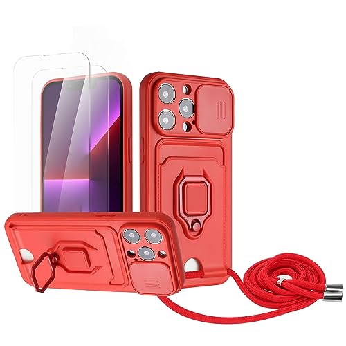 Zallagre Handykette Hülle kompatibel mit iPhone 12 Pro Max.[2 Stück] Schutzfolie Glas,Kameraschutz,360 Grad Ringhalter Stand,Kartenfach,Silikon hülle-Rot von Zallagre