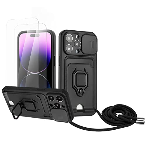 Zallagre Handykette Hülle kompatibel mit iPhone 12 Pro Max.[2 Stück] Schutzfolie Glas,Kameraschutz,360 Grad Ringhalter Stand,Kartenfach,Silikon hülle-Schwarz von Zallagre