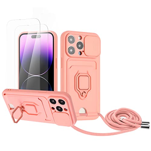 Zallagre Handykette Hülle kompatibel mit iPhone 13 Pro.[2 Stück] Schutzfolie Glas,Kameraschutz,360 Grad Ringhalter Stand,Kartenfach,Silikon hülle-Rosa von Zallagre