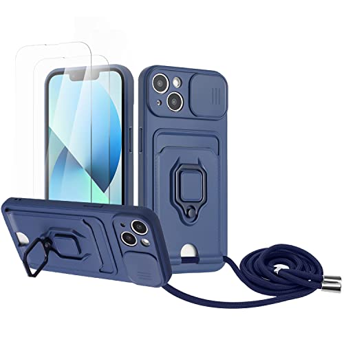 Zallagre Handykette Hülle kompatibel mit iPhone 13.[2 Stück] Schutzfolie Glas,Kameraschutz,360 Grad Ringhalter Stand,Kartenfach,Silikon hülle-Marineblau von Zallagre